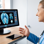**

A futuristic, bright, and clean medical office setting in the Netherlands. A friendly doctor is video-conferencing with a patient on a tablet, while simultaneously reviewing data on a large monitor displaying personalized health metrics and AI-driven insights. The scene includes subtle Dutch design elements and incorporates a friendly, approachable atmosphere. Focus on the integration of technology and human connection.

**